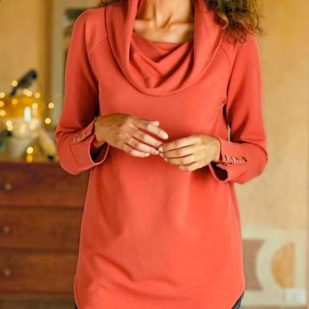 Soft Surroundings Valerie Cowl Neck XS Tunic Sweater Button Cuffs Terra Cotta